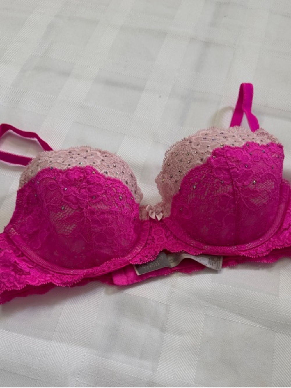 Victoria's Secret Two-Tone Hot & Light Pink Lace Push-Up Bra with Rhinestones